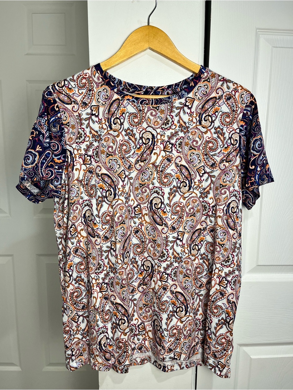 Lands' End Mixed Paisley Print Short Sleeve 100% Cotton Women's Shirt Size Large